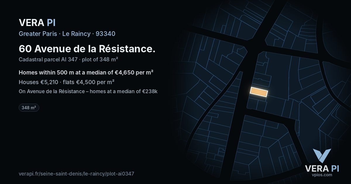 60 Avenue de la Résistance, Le Raincy at night – the plot lit, the parcels around coloured by the prices near them