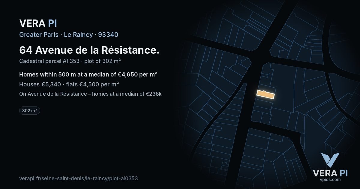 64 Avenue de la Résistance, Le Raincy at night – the plot lit, the parcels around coloured by the prices near them