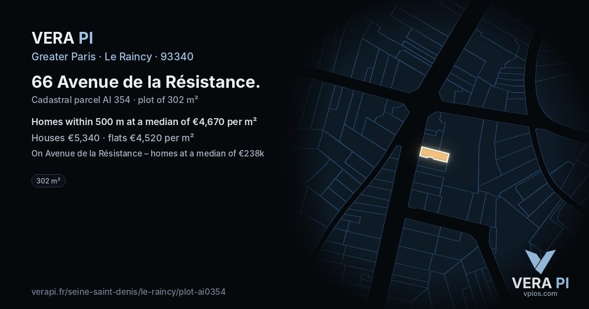 66 Avenue de la Résistance, Le Raincy at night – the plot lit, the parcels around coloured by the prices near them