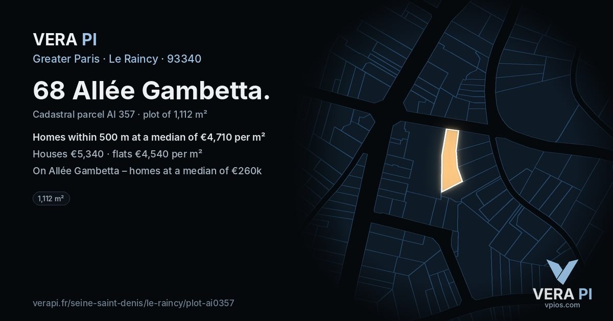 68 Allée Gambetta, Le Raincy at night – the plot lit, the parcels around coloured by the prices near them