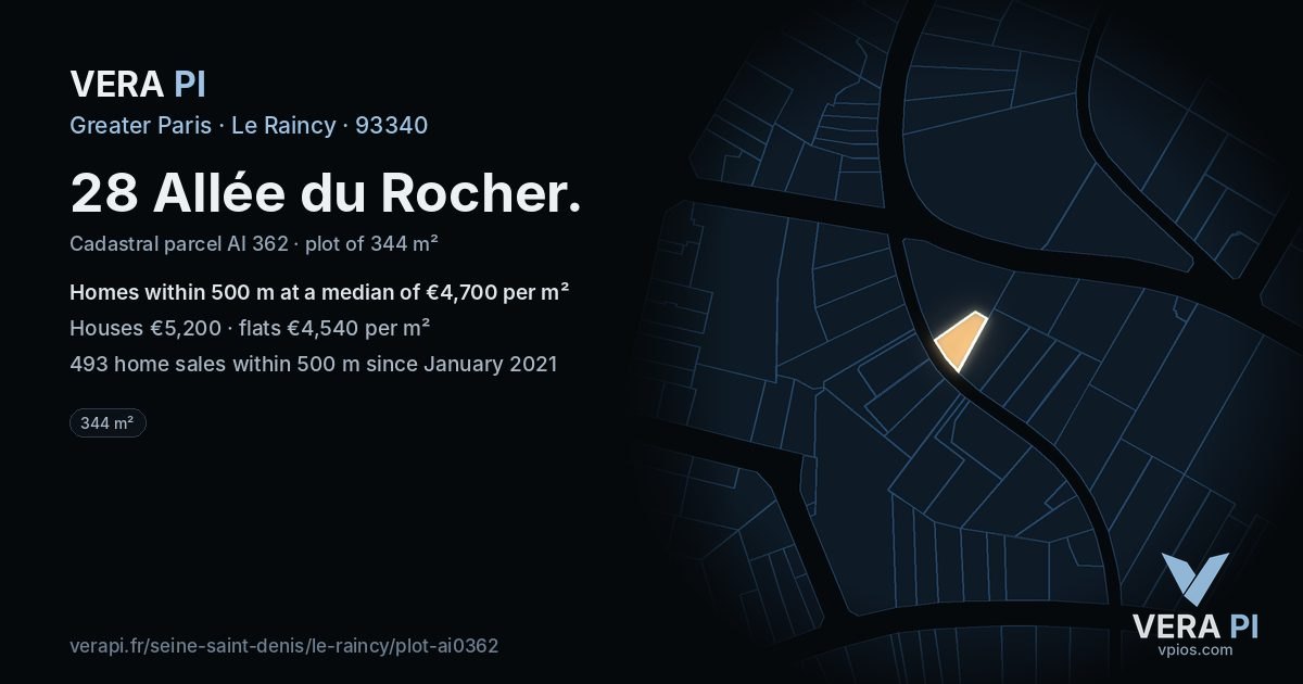 28 Allée du Rocher, Le Raincy at night – the plot lit, the parcels around coloured by the prices near them