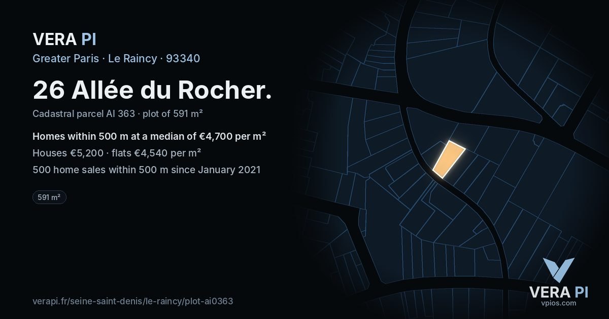 26 Allée du Rocher, Le Raincy at night – the plot lit, the parcels around coloured by the prices near them