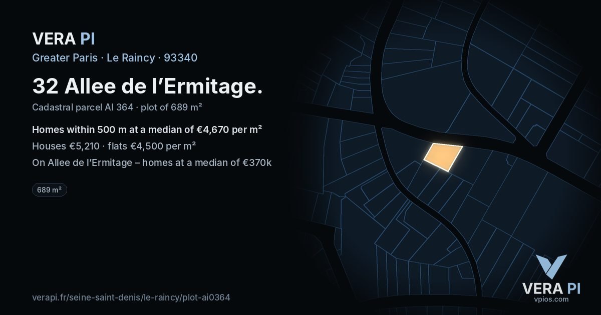 32 Allee de l’Ermitage, Le Raincy at night – the plot lit, the parcels around coloured by the prices near them
