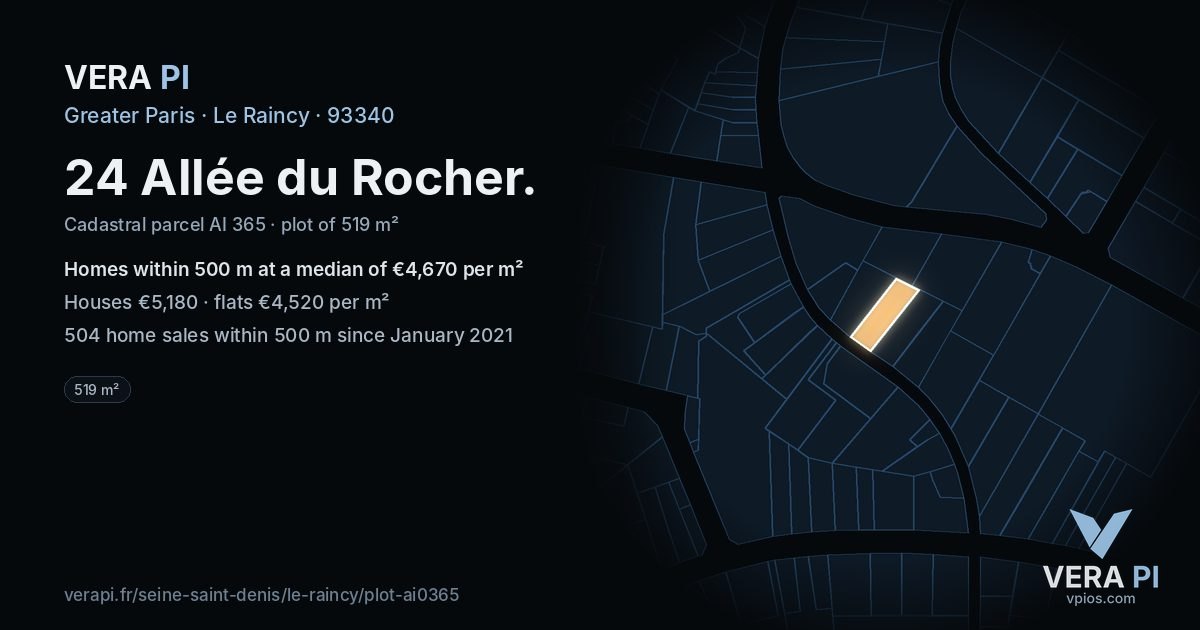24 Allée du Rocher, Le Raincy at night – the plot lit, the parcels around coloured by the prices near them