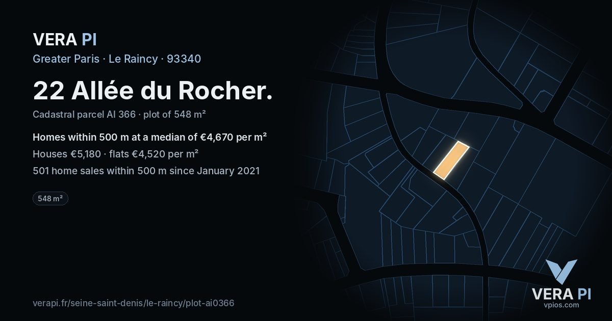 22 Allée du Rocher, Le Raincy at night – the plot lit, the parcels around coloured by the prices near them