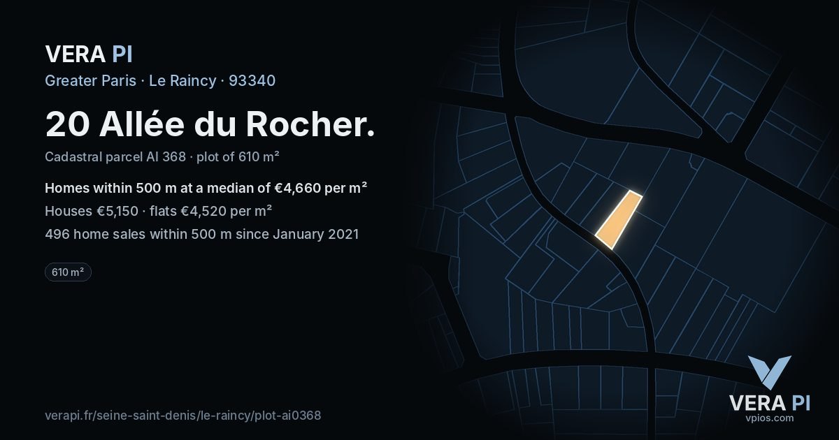 20 Allée du Rocher, Le Raincy at night – the plot lit, the parcels around coloured by the prices near them