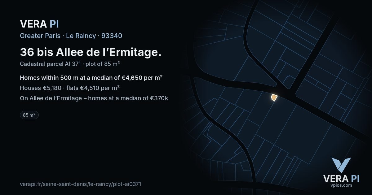 36 bis Allee de l’Ermitage, Le Raincy at night – the plot lit, the parcels around coloured by the prices near them