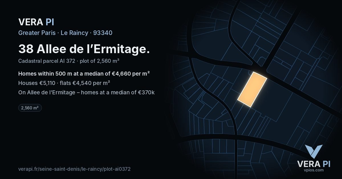 38 Allee de l’Ermitage, Le Raincy at night – the plot lit, the parcels around coloured by the prices near them