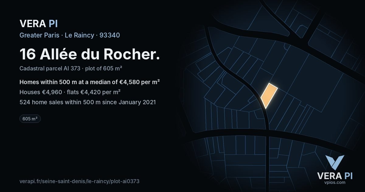 16 Allée du Rocher, Le Raincy at night – the plot lit, the parcels around coloured by the prices near them
