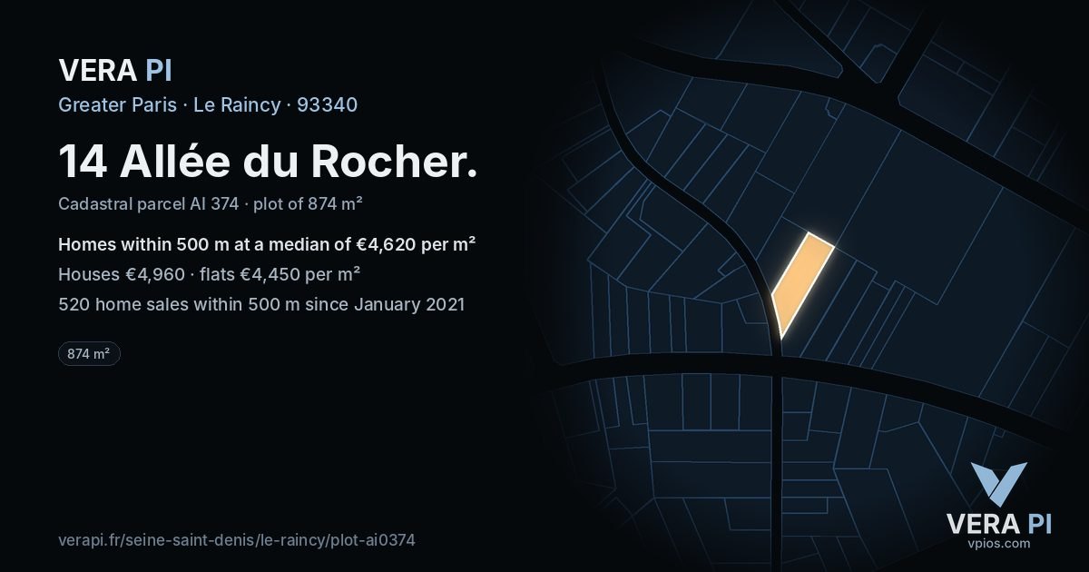 14 Allée du Rocher, Le Raincy at night – the plot lit, the parcels around coloured by the prices near them