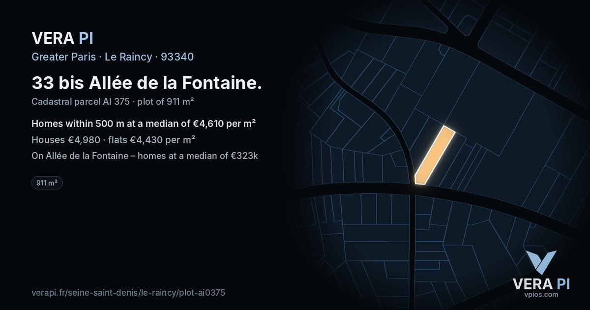 33 bis Allée de la Fontaine, Le Raincy at night – the plot lit, the parcels around coloured by the prices near them