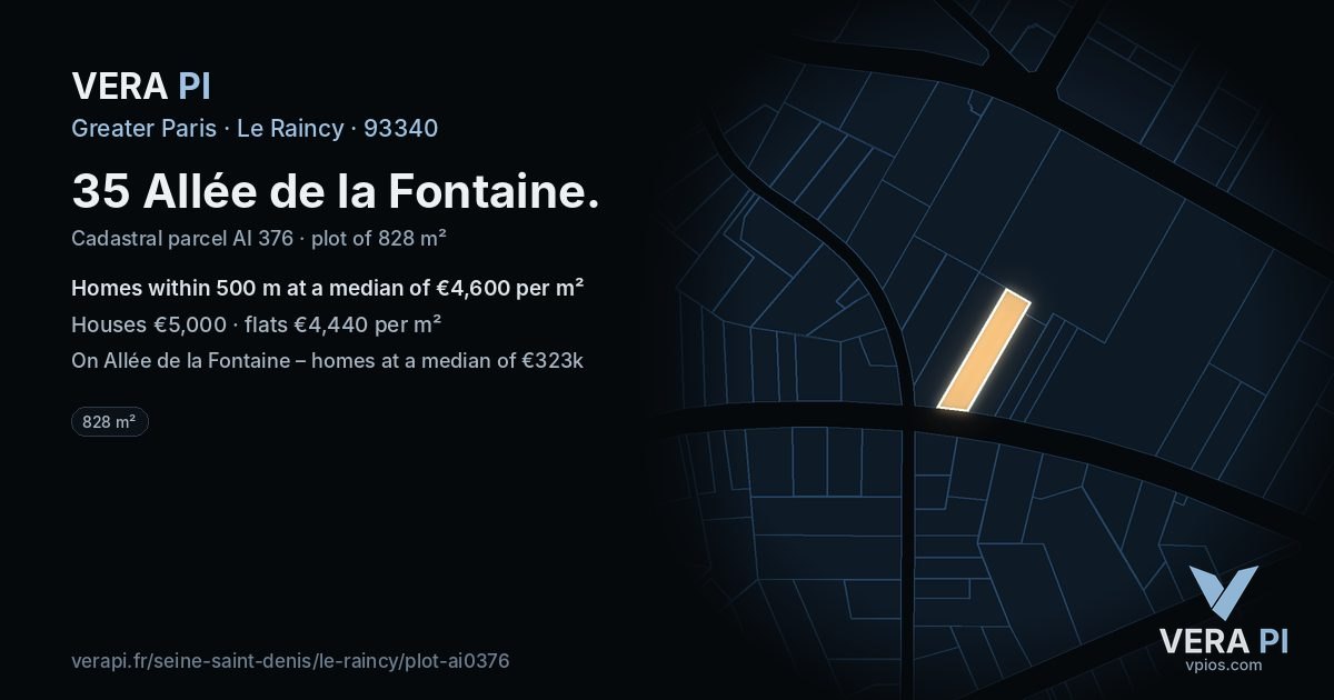 35 Allée de la Fontaine, Le Raincy at night – the plot lit, the parcels around coloured by the prices near them