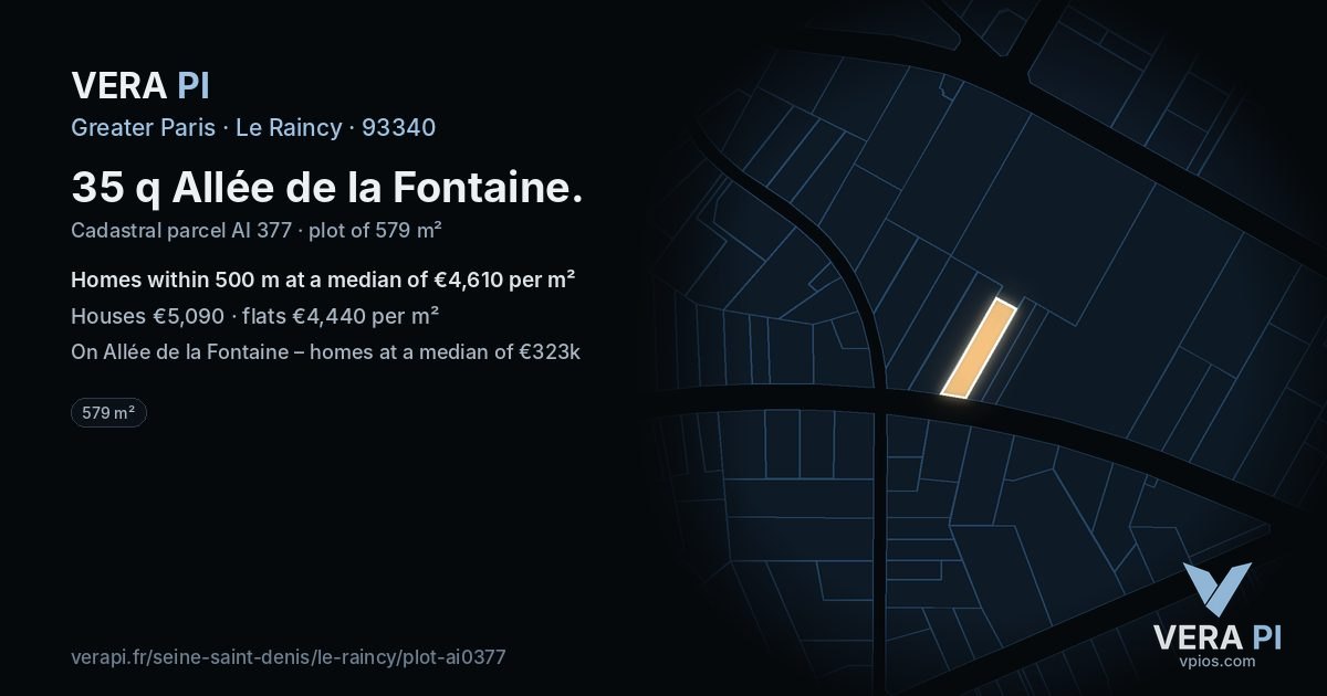 35 q Allée de la Fontaine, Le Raincy at night – the plot lit, the parcels around coloured by the prices near them