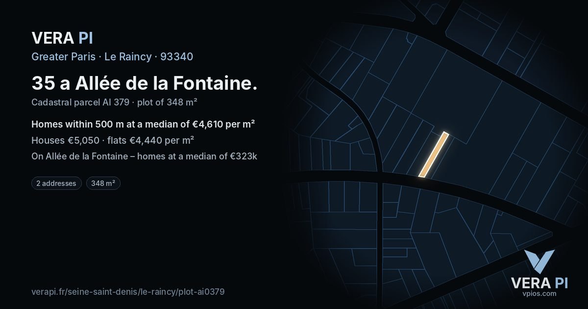 35 a Allée de la Fontaine, Le Raincy at night – the plot lit, the parcels around coloured by the prices near them