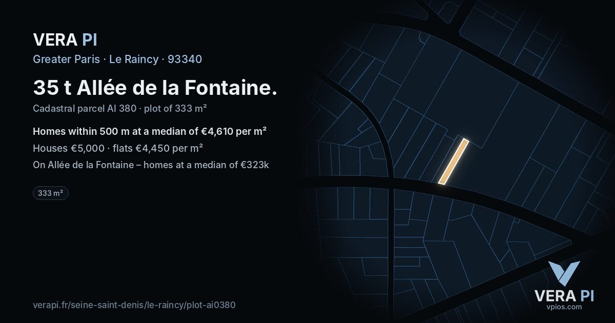 35 t Allée de la Fontaine, Le Raincy at night – the plot lit, the parcels around coloured by the prices near them