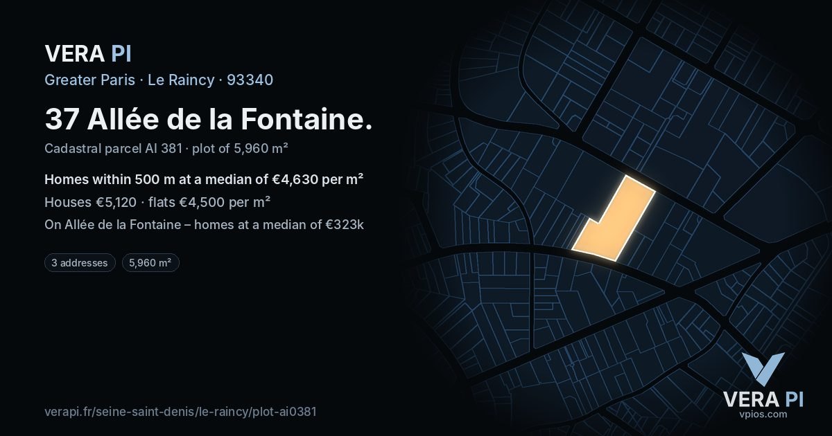 37 Allée de la Fontaine, Le Raincy at night – the plot lit, the parcels around coloured by the prices near them