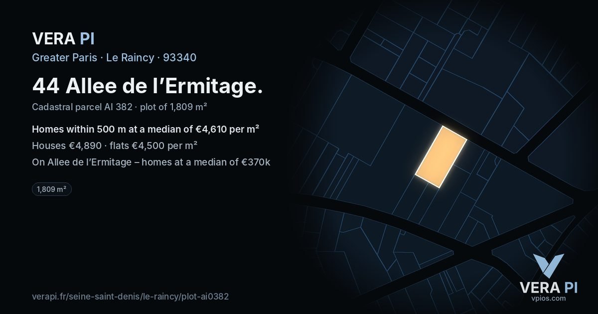 44 Allee de l’Ermitage, Le Raincy at night – the plot lit, the parcels around coloured by the prices near them