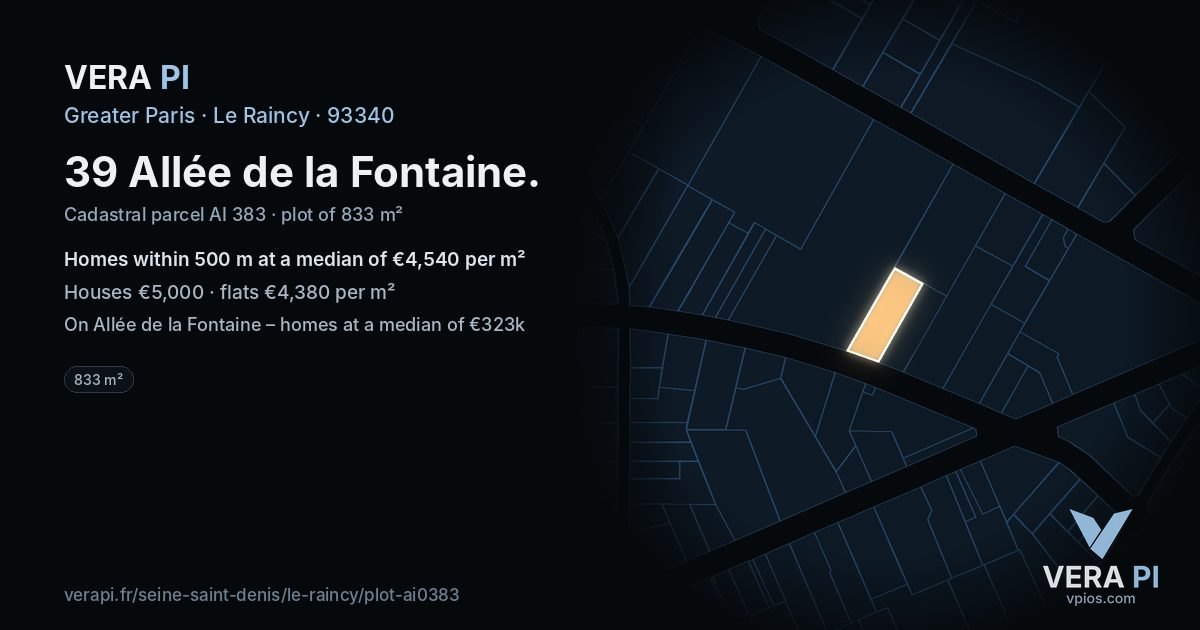 39 Allée de la Fontaine, Le Raincy at night – the plot lit, the parcels around coloured by the prices near them