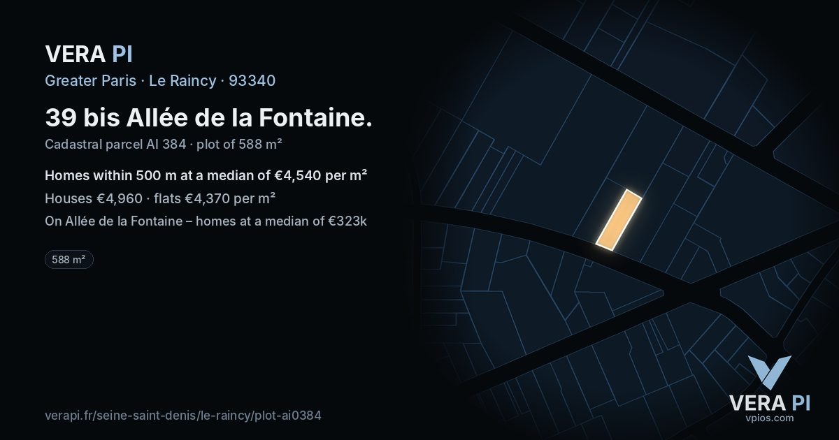 39 bis Allée de la Fontaine, Le Raincy at night – the plot lit, the parcels around coloured by the prices near them