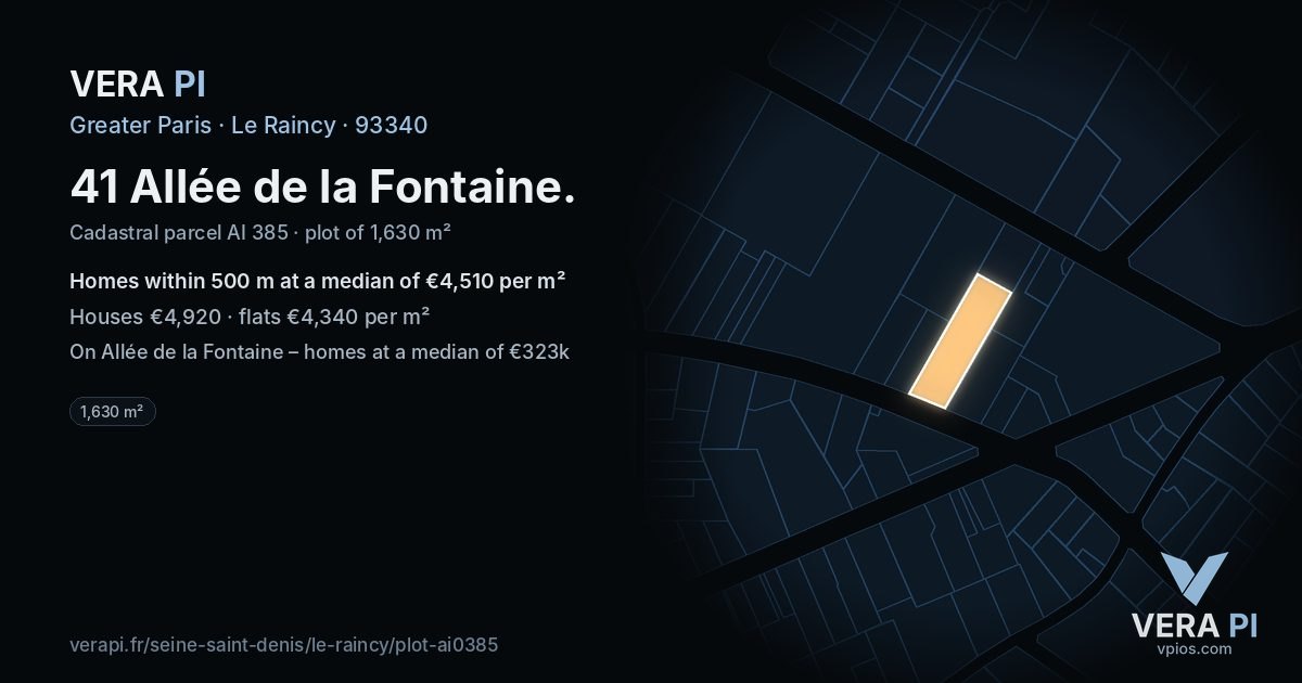 41 Allée de la Fontaine, Le Raincy at night – the plot lit, the parcels around coloured by the prices near them