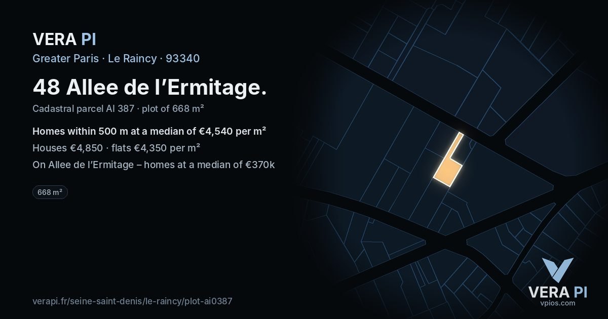 48 Allee de l’Ermitage, Le Raincy at night – the plot lit, the parcels around coloured by the prices near them