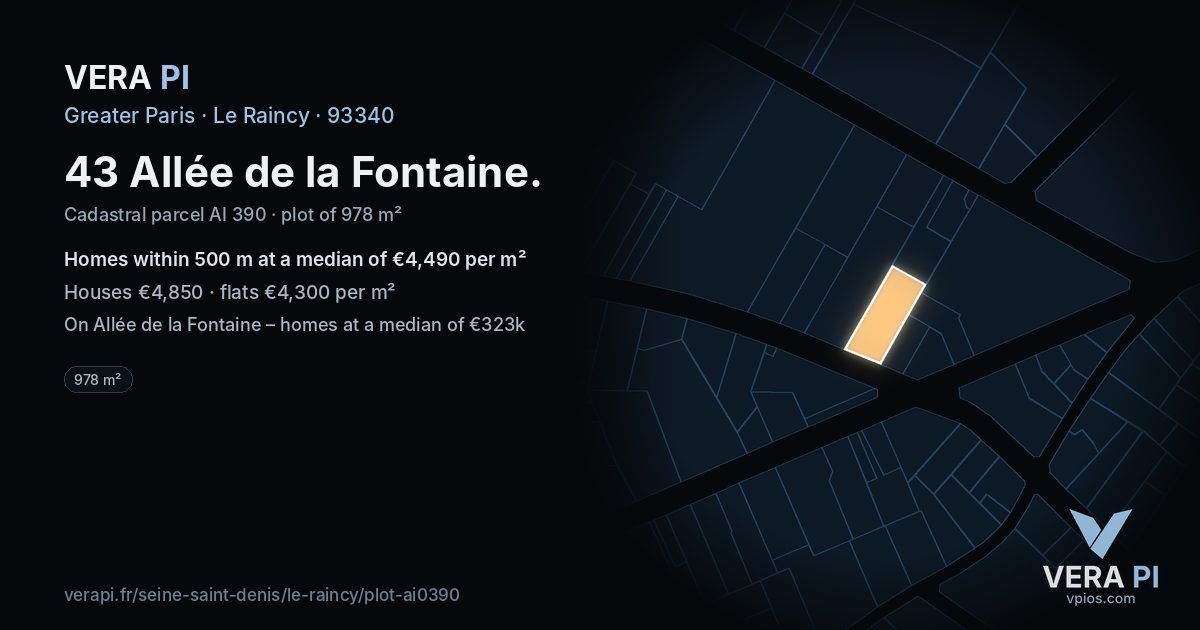 43 Allée de la Fontaine, Le Raincy at night – the plot lit, the parcels around coloured by the prices near them