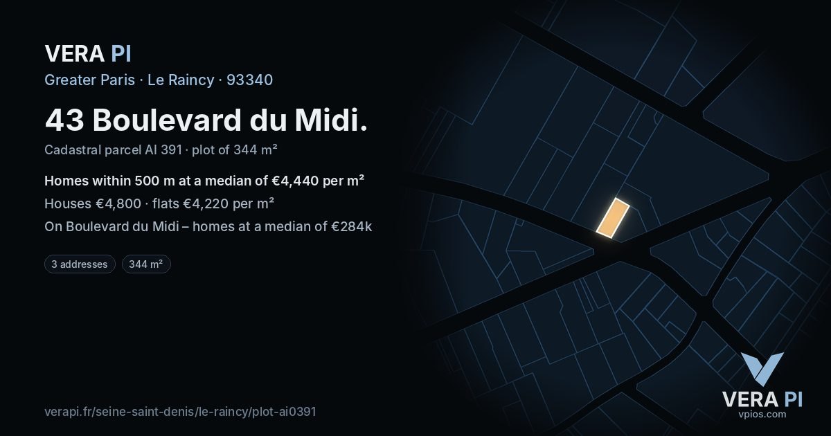 43 Boulevard du Midi, Le Raincy at night – the plot lit, the parcels around coloured by the prices near them