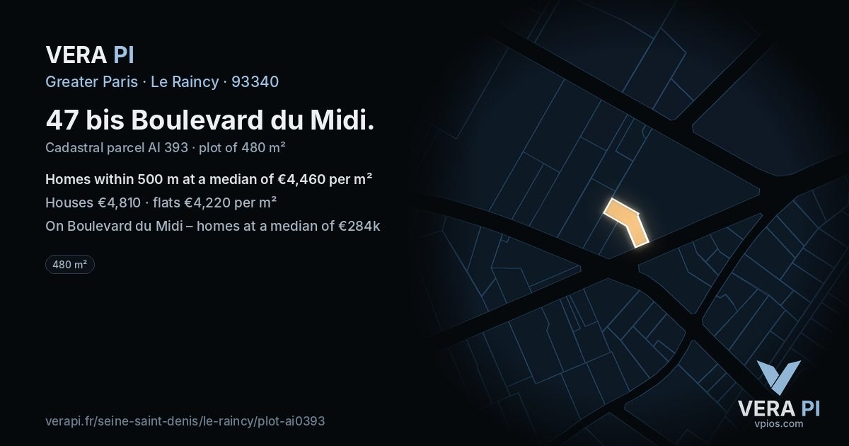 47 bis Boulevard du Midi, Le Raincy at night – the plot lit, the parcels around coloured by the prices near them