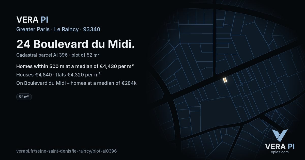 24 Boulevard du Midi, Le Raincy at night – the plot lit, the parcels around coloured by the prices near them