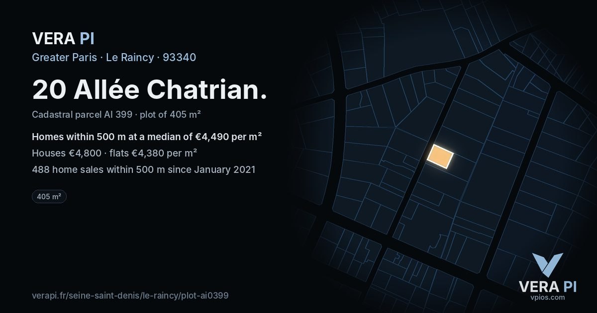 20 Allée Chatrian, Le Raincy at night – the plot lit, the parcels around coloured by the prices near them