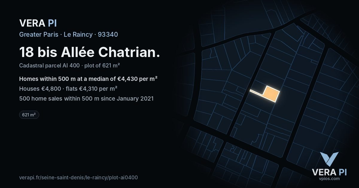 18 bis Allée Chatrian, Le Raincy at night – the plot lit, the parcels around coloured by the prices near them