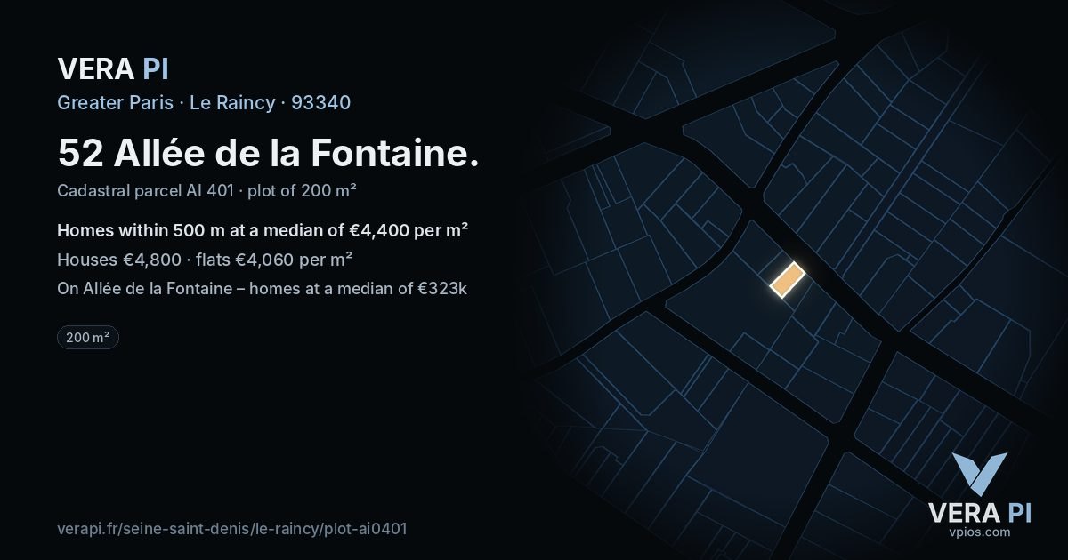 52 Allée de la Fontaine, Le Raincy at night – the plot lit, the parcels around coloured by the prices near them