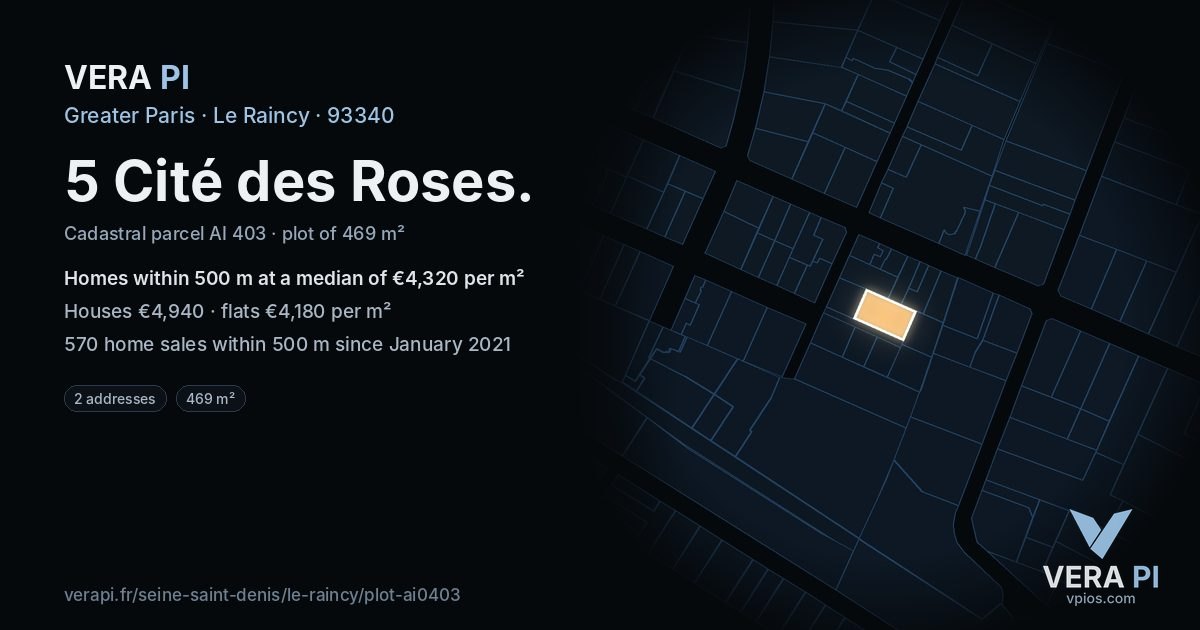 5 Cité des Roses, Le Raincy at night – the plot lit, the parcels around coloured by the prices near them