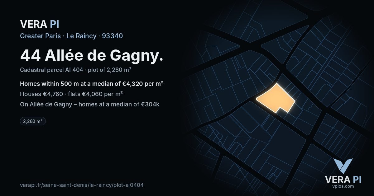 44 Allée de Gagny, Le Raincy at night – the plot lit, the parcels around coloured by the prices near them
