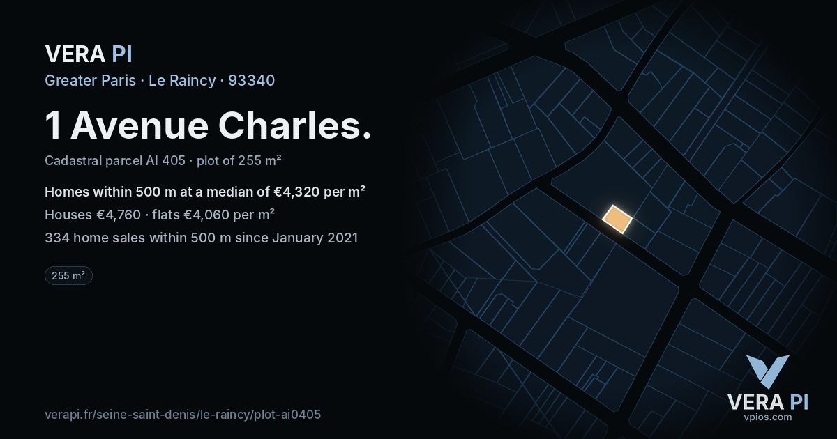 1 Avenue Charles, Le Raincy at night – the plot lit, the parcels around coloured by the prices near them