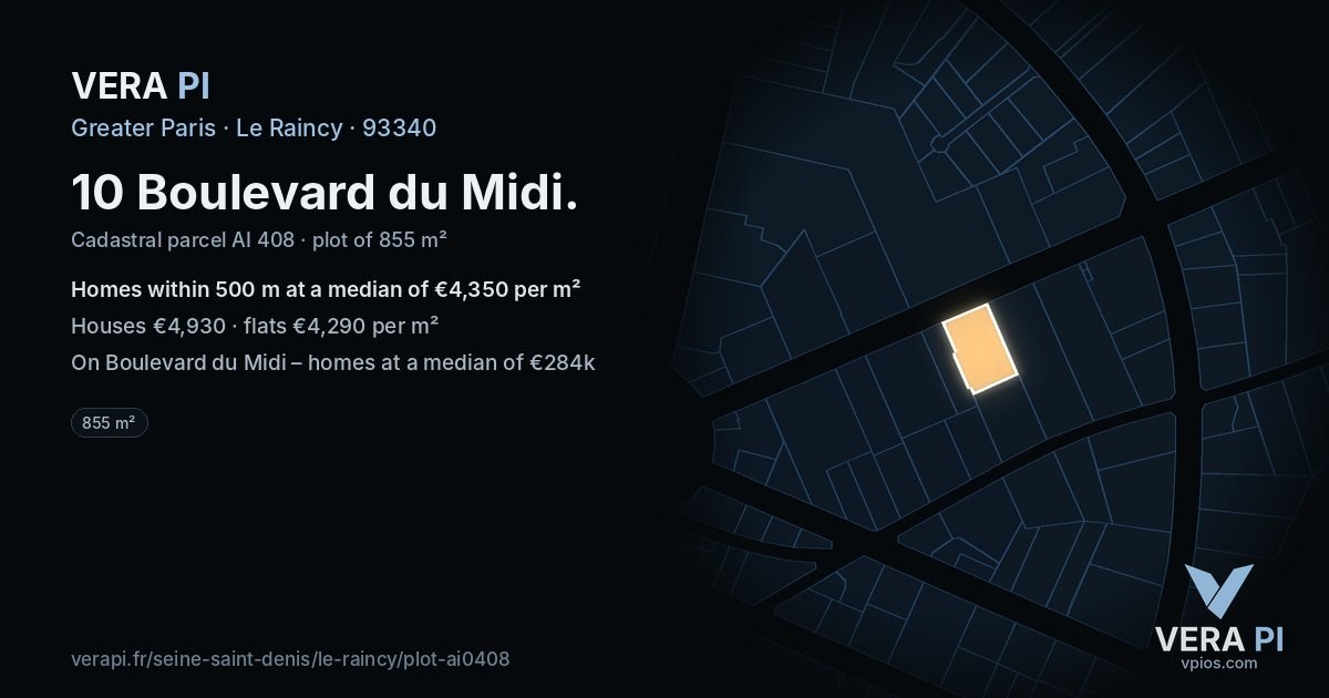 10 Boulevard du Midi, Le Raincy at night – the plot lit, the parcels around coloured by the prices near them