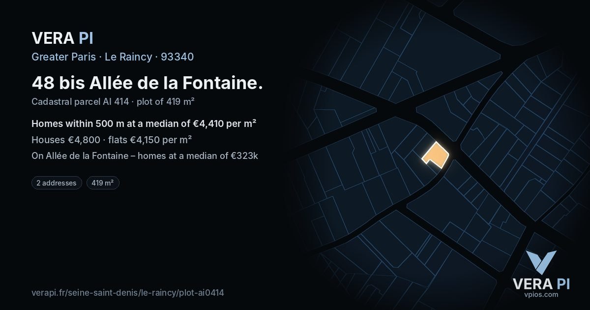 48 bis Allée de la Fontaine, Le Raincy at night – the plot lit, the parcels around coloured by the prices near them