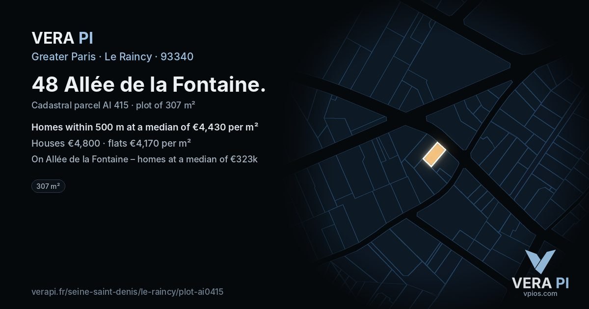 48 Allée de la Fontaine, Le Raincy at night – the plot lit, the parcels around coloured by the prices near them