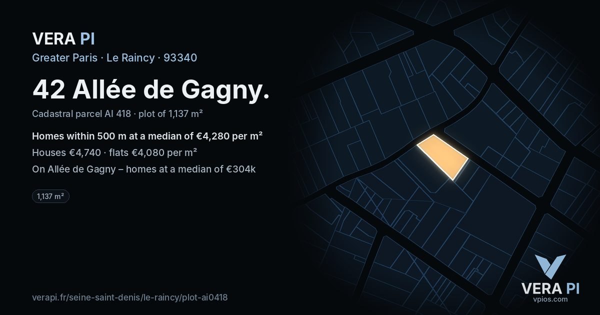 42 Allée de Gagny, Le Raincy at night – the plot lit, the parcels around coloured by the prices near them