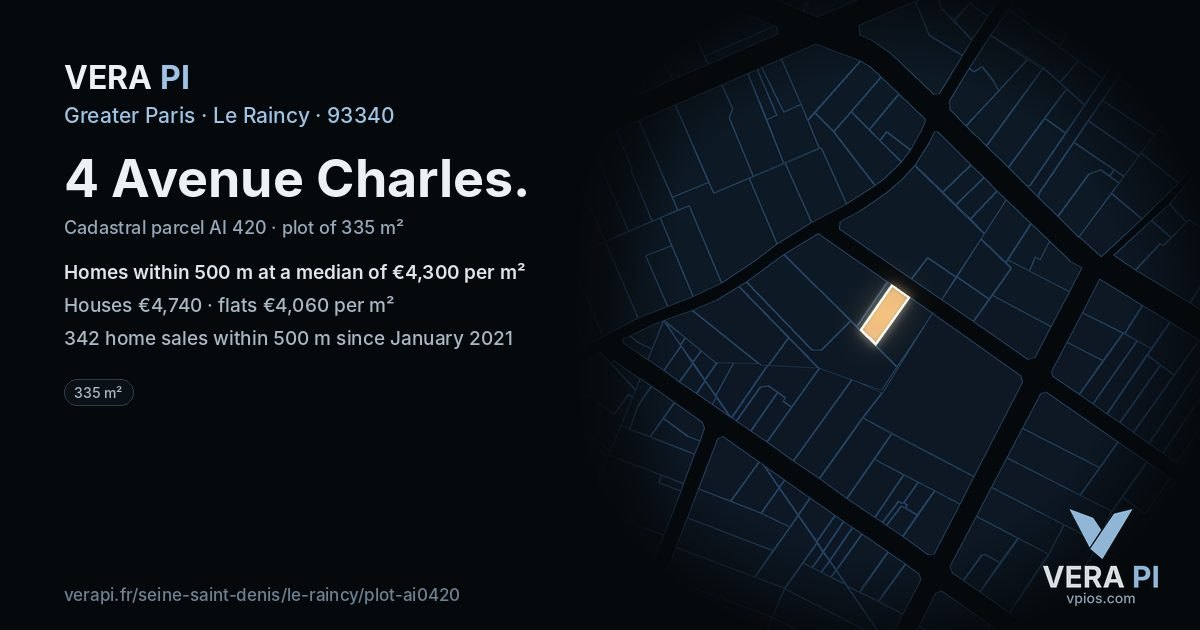 4 Avenue Charles, Le Raincy at night – the plot lit, the parcels around coloured by the prices near them