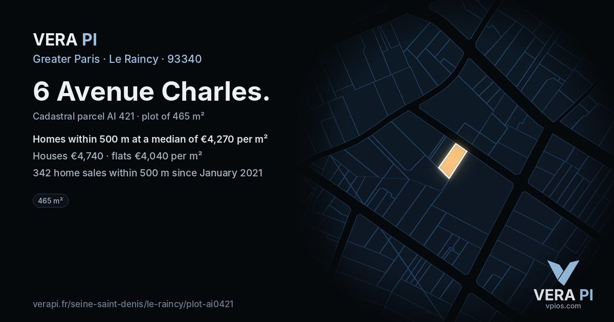 6 Avenue Charles, Le Raincy at night – the plot lit, the parcels around coloured by the prices near them