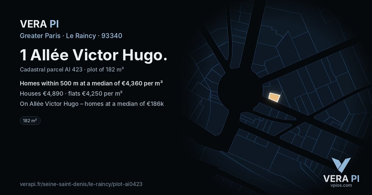 1 Allée Victor Hugo, Le Raincy at night – the plot lit, the parcels around coloured by the prices near them