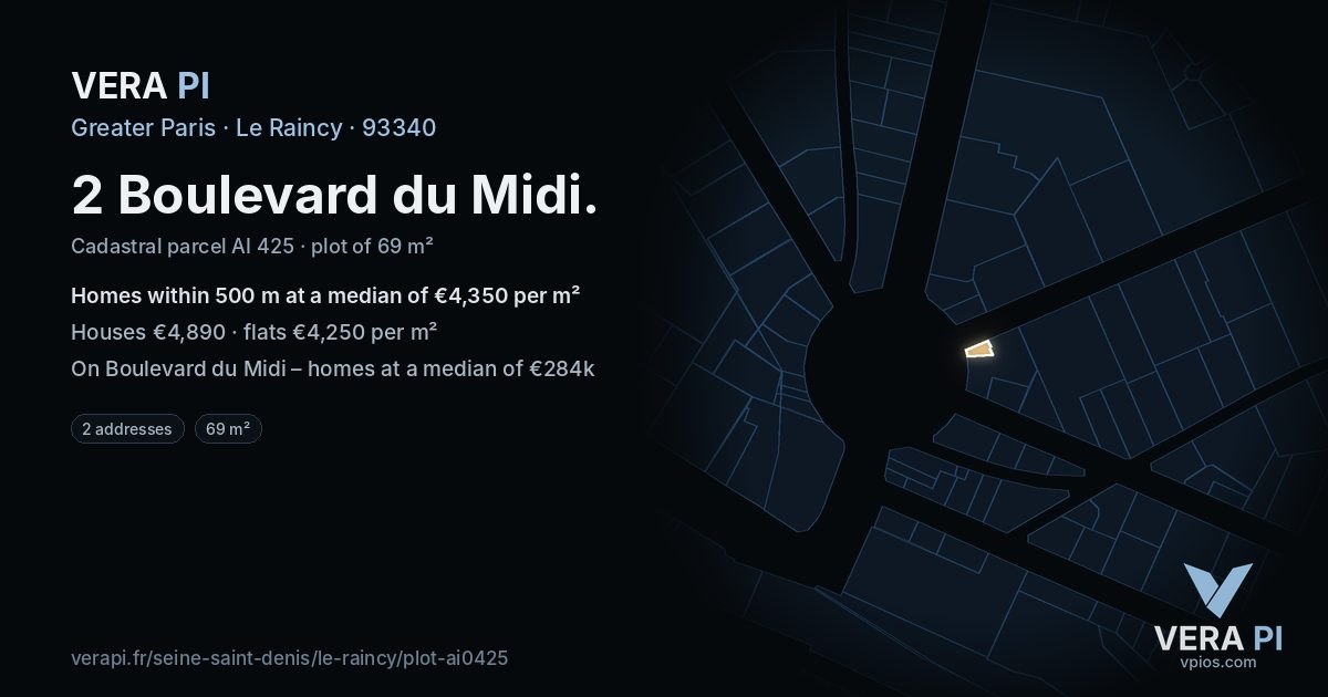 2 Boulevard du Midi, Le Raincy at night – the plot lit, the parcels around coloured by the prices near them