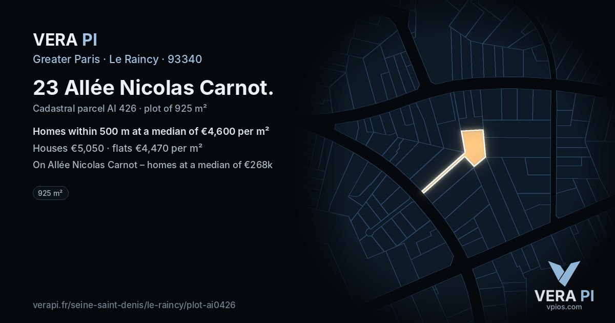 23 Allée Nicolas Carnot, Le Raincy at night – the plot lit, the parcels around coloured by the prices near them