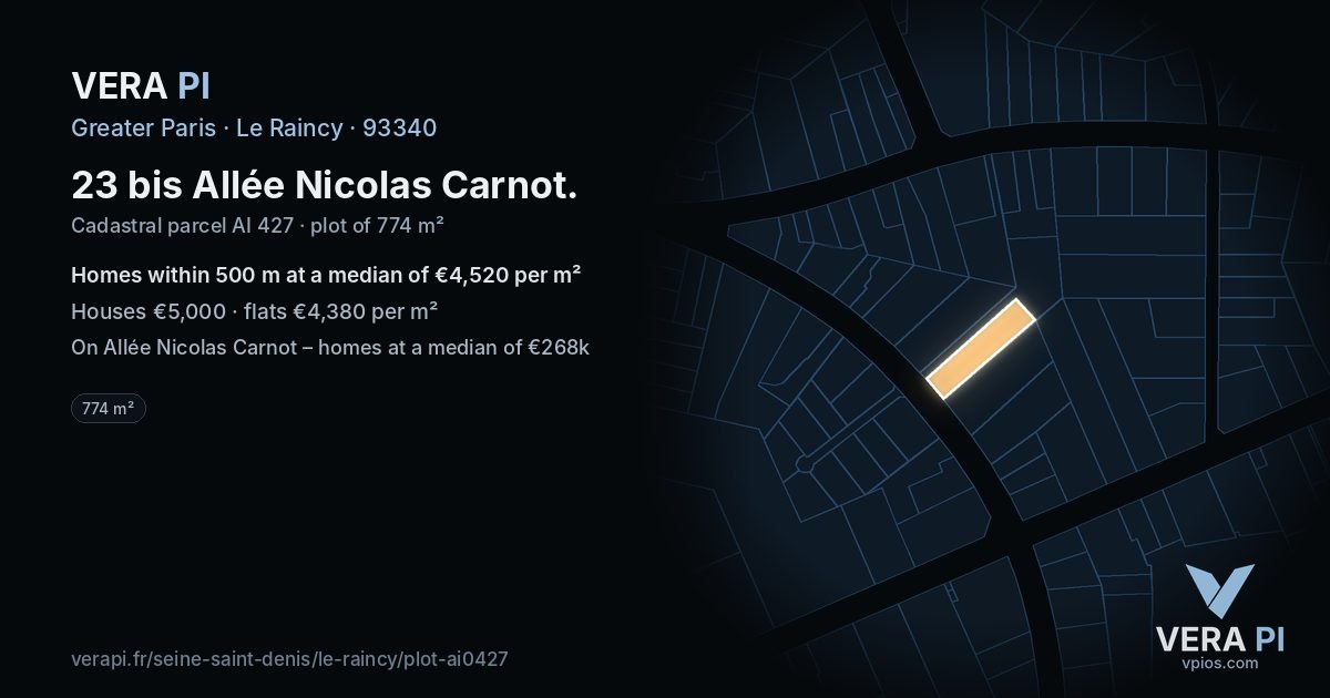 23 bis Allée Nicolas Carnot, Le Raincy at night – the plot lit, the parcels around coloured by the prices near them