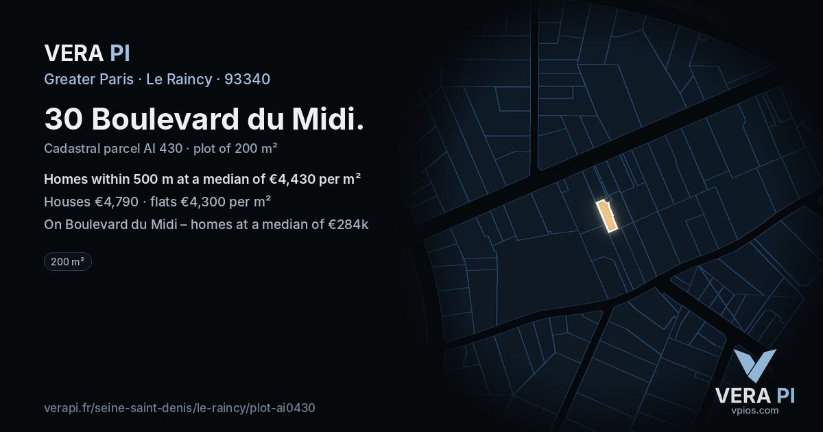 30 Boulevard du Midi, Le Raincy at night – the plot lit, the parcels around coloured by the prices near them