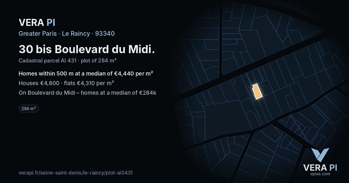 30 bis Boulevard du Midi, Le Raincy at night – the plot lit, the parcels around coloured by the prices near them