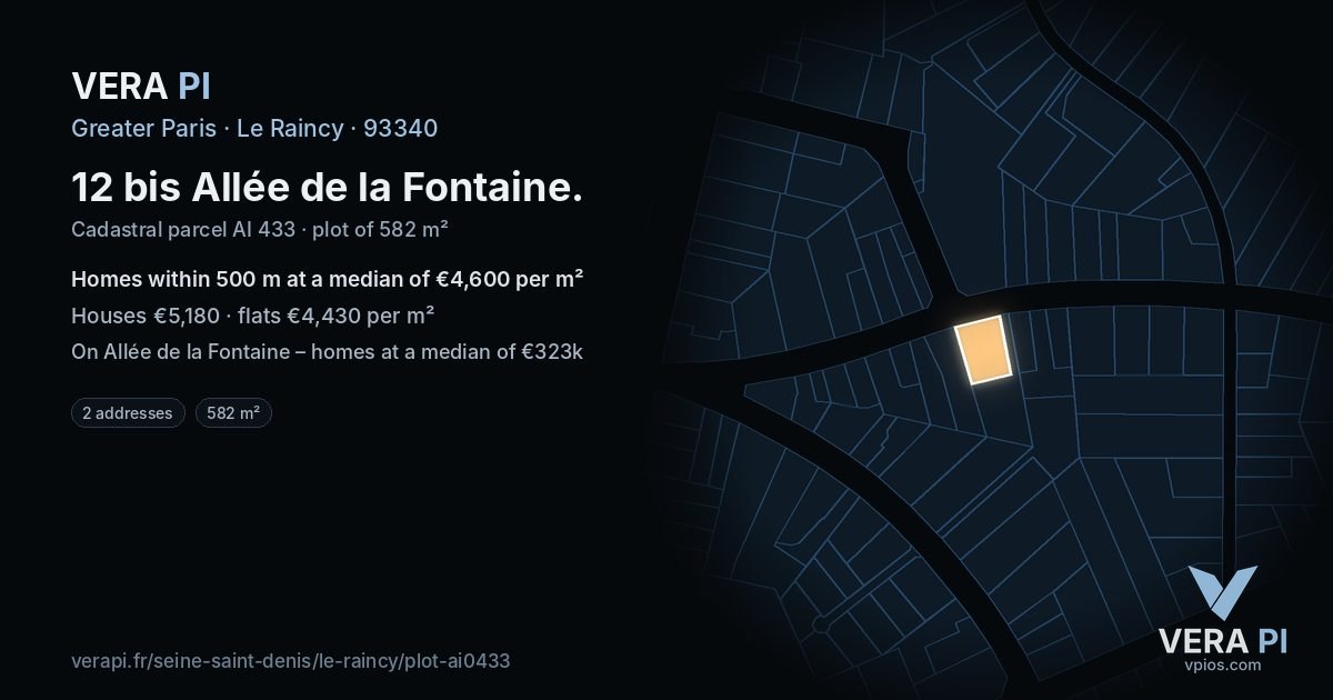 12 bis Allée de la Fontaine, Le Raincy at night – the plot lit, the parcels around coloured by the prices near them