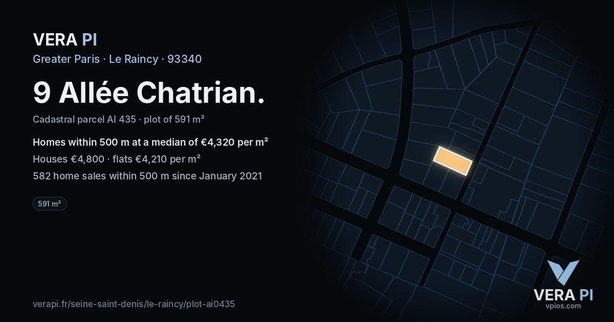 9 Allée Chatrian, Le Raincy at night – the plot lit, the parcels around coloured by the prices near them