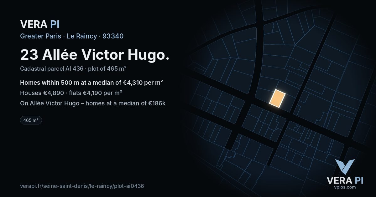 23 Allée Victor Hugo, Le Raincy at night – the plot lit, the parcels around coloured by the prices near them
